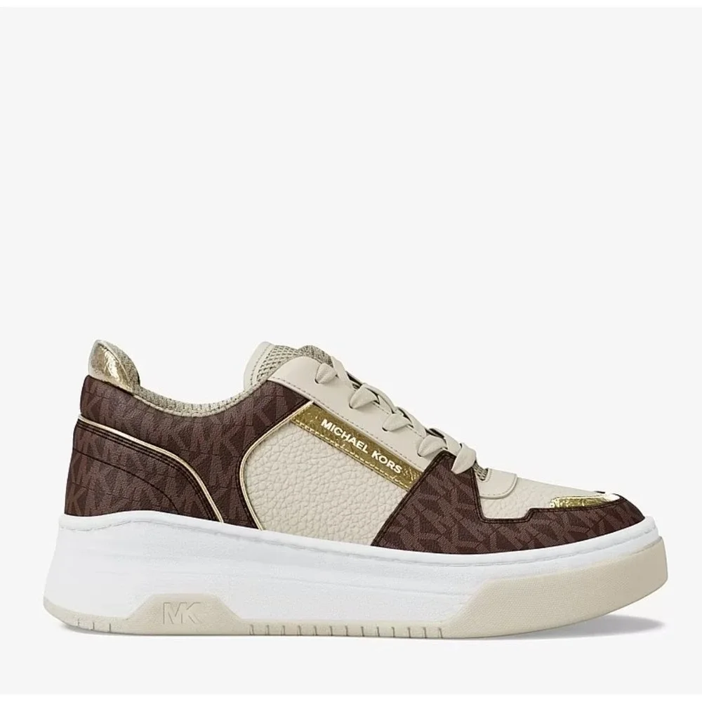 Michael Kors Lexi Women's 9.5 M Brown Sneaker Mixed-Media MK Monogram New In Box - Picture 4 of 10
